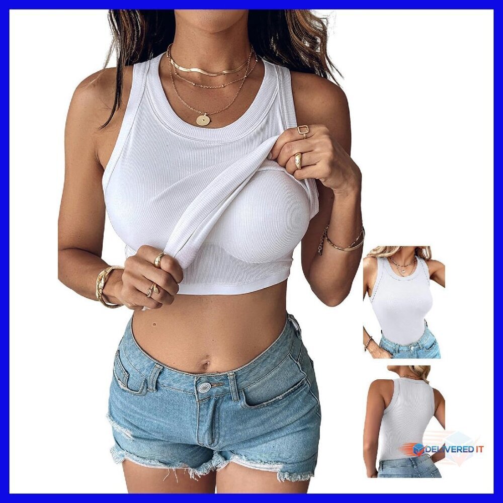 Ribbed Fitted Tank Top with Built-in Bra Support, Sleeveless